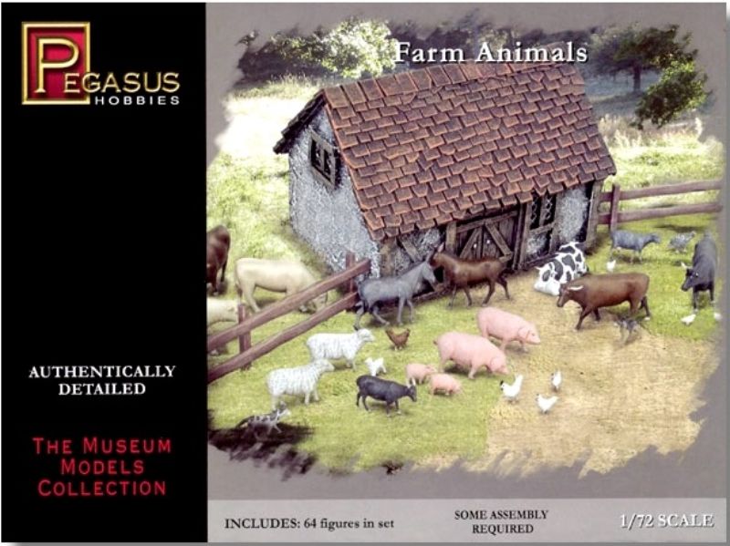 Detailed 1/72 scale plastic farm animals set by Pegasus Hobbies, featuring 64 assorted pieces.