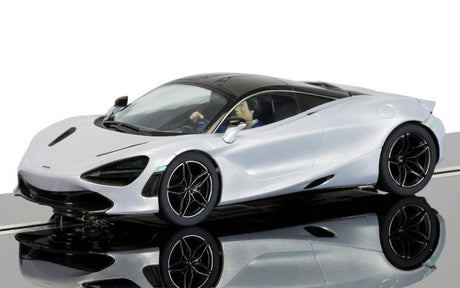 White McLaren 720S slot car, 1/32 scale, featuring twin-turbo V8 engine and precision engineering for optimal performance.