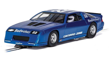 Detailed blue Camaro IROC-Z #22 slot car, 1/32 scale, celebrating the iconic 1980s racing legacy and designed for high-speed fun.