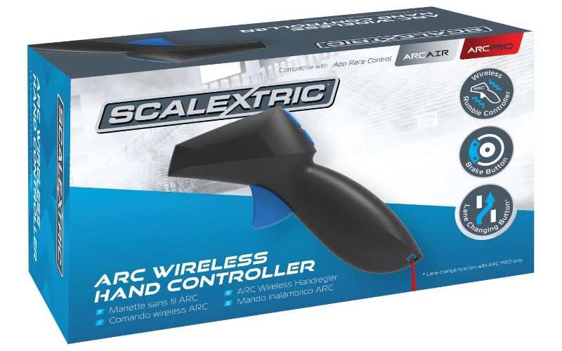 Wireless ARC-AIR/PRO Hand Throttle with ergonomic design, rumble pack, brake, and lane-change buttons for slot car racing.