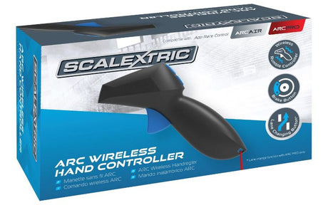 Wireless ARC-AIR/PRO Hand Throttle with ergonomic design, rumble pack, brake, and lane-change buttons for slot car racing.