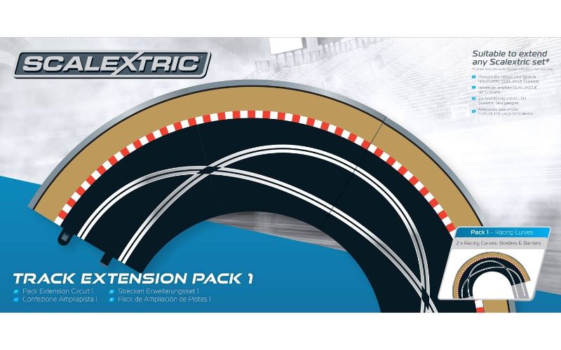 Slot Car Accessories Track Extension Pack 1 for enhanced racing with 2 curves, borders, and barriers, compatible with Scalextric sets.