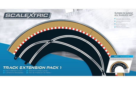 Slot Car Accessories Track Extension Pack 1 for enhanced racing with 2 curves, borders, and barriers, compatible with Scalextric sets.