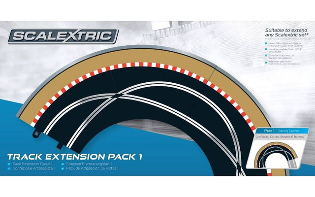 Slot Car Accessories Track Extension Pack 1 for enhanced racing with 2 curves, borders, and barriers, compatible with Scalextric sets.