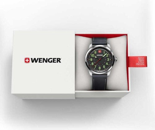 Watch - WENGER Terragraph 43mm Black Dial Black Leather Strap