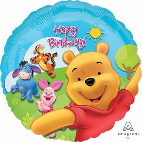 45cm self-sealing Winnie the Pooh birthday balloon featuring Pooh, Piglet, and Tigger for festive celebrations.
