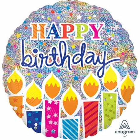 Holographic Shape Happy Birthday Candles, 81cm, vibrant design for festive celebrations, self-sealing, helium inflated.