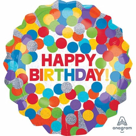 71cm holographic foil balloon with colorful dots for vibrant birthday celebrations, perfect for all ages.