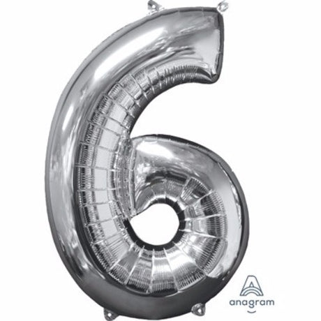 66cm mid-sized silver foil balloon in the shape of number six, perfect for elegant party decorations.