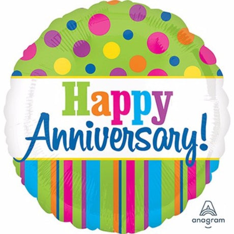 Vibrant 45cm anniversary foil balloon with cheerful dots and stripes, perfect for celebrating love and special moments.
