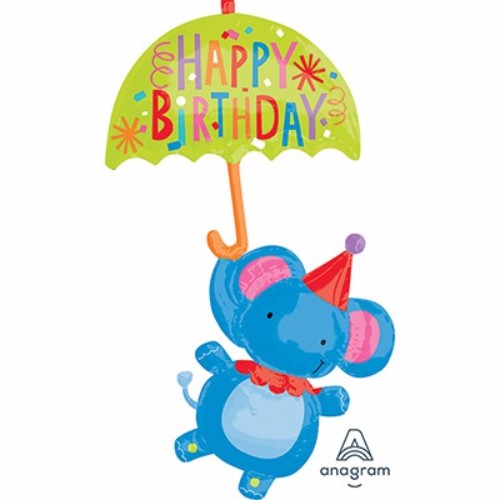 Vibrant elephant and umbrella foil balloon, 99cm x 144cm, perfect for kids' birthday celebrations and festive decor.