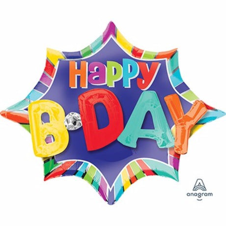Colorful star and stripes foil balloon with 'Happy B-DAY' text, 88cm x 73cm, ideal for birthday celebrations.