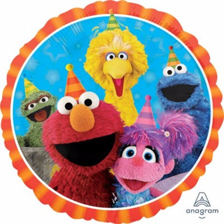 Vibrant 45cm Sesame Street foil balloon featuring Elmo and Cookie Monster, perfect for festive celebrations and parties.
