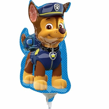 Mini Paw Patrol Chase foil balloon, 35cm tall, perfect for parties and celebrations, featuring beloved character Chase.