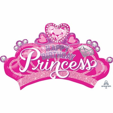 Foil balloon in the shape of a princess crown with gems, measuring 81cm x 48cm, requires helium for inflation.