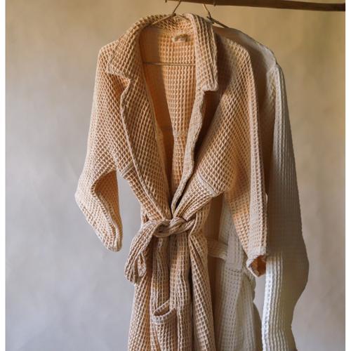 Akiiko Piqué Waffle Bathrobe with Collar - Latte
