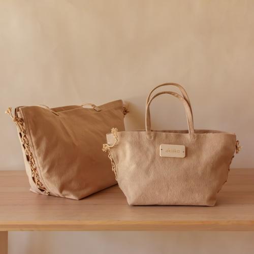 Akiiko Biscuit Canvas Curved Gift Tote with Raffia Detailing - Large