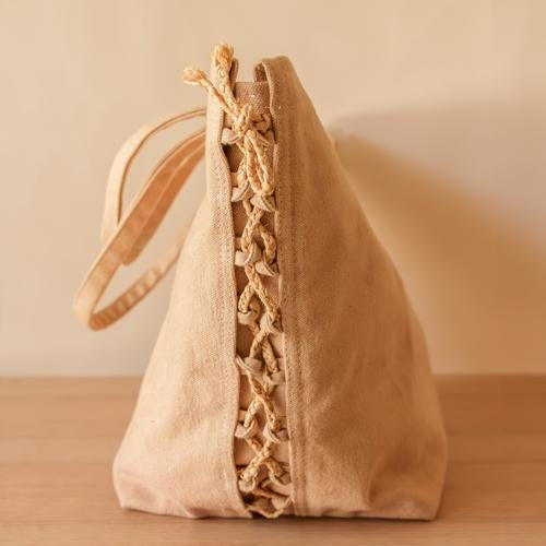 Akiiko Biscuit Canvas Curved Gift Tote with Raffia Detailing - Large