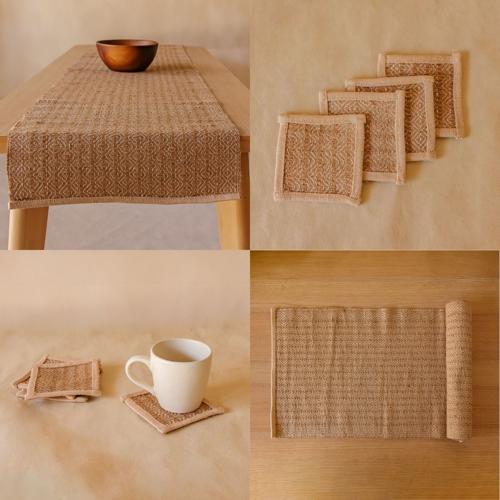 Akiiko Jute Table Top Set - Brown Jute Placemat, Runner, Coaster - Triangle