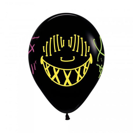 Pack of 12 vibrant Sempertex 30cm black latex balloons featuring neon mask designs, perfect for festive celebrations.