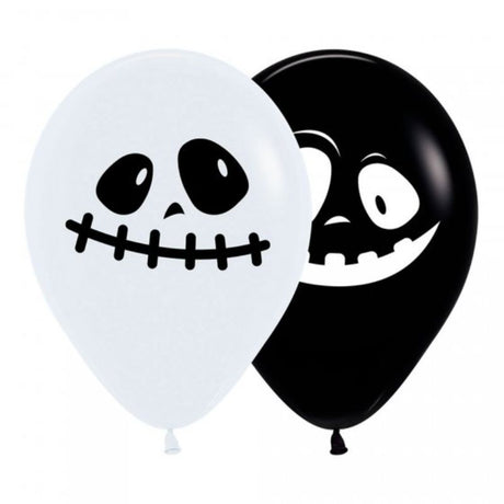 Pack of 12 Sempertex 30cm black and white ghost balloons, perfect for Halloween parties and spooky decorations.