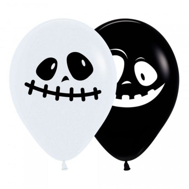 Pack of 12 Sempertex 30cm black and white ghost balloons, perfect for Halloween parties and spooky decorations.