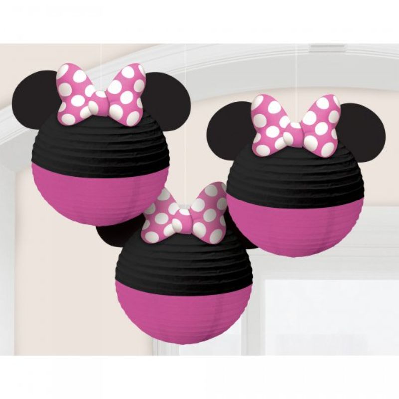 Pack of 3 Minnie Mouse paper lanterns featuring bows and ears, perfect for adding whimsical decor to celebrations.