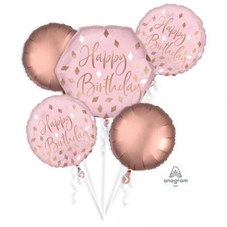 Pack of 5 self-sealing foil Bouquet Blush balloons for vibrant birthday party decor, featuring soft blush hues and delightful designs.
