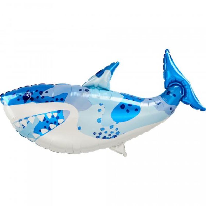 Large 96cm self-sealing foil balloon in the shape of a shark, perfect for parties and celebrations.
