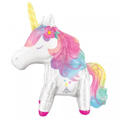 Vibrant self-sealing foil balloon featuring a whimsical unicorn design, perfect for enchanting celebrations.