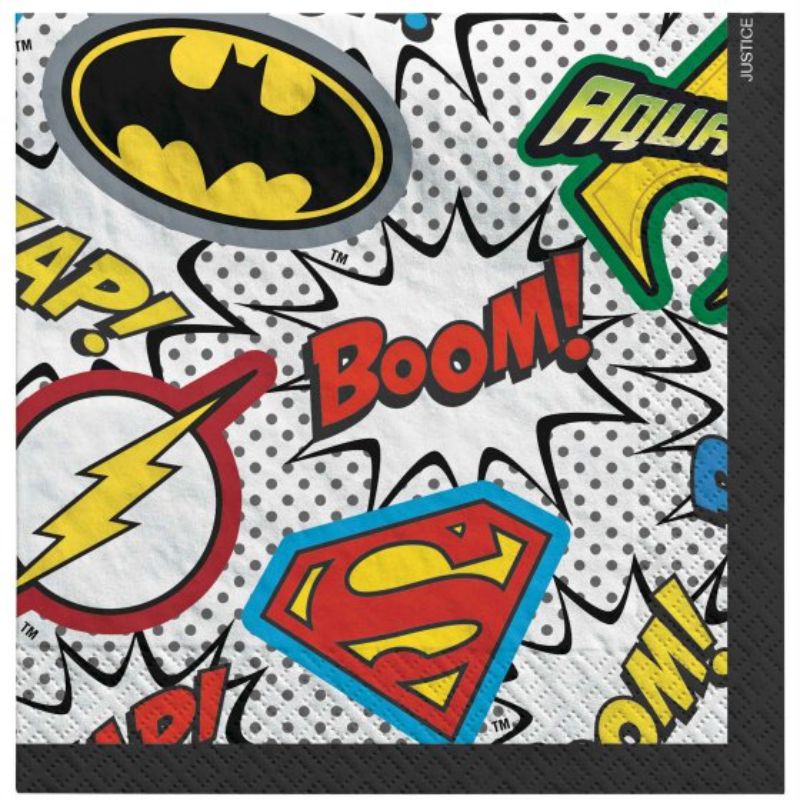 Pack of 16 vibrant Justice League napkins featuring beloved superheroes, perfect for themed parties and celebrations.