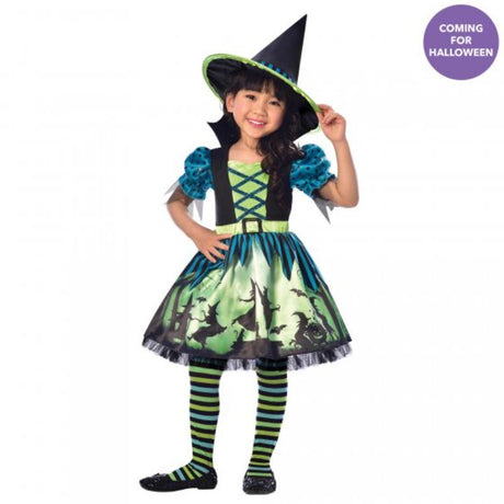 Enchanting Hocus Pocus witch costume for girls aged 6-8, featuring a vibrant dress and matching hat for Halloween fun.