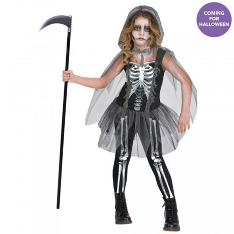 Enigmatic Grim Reaper costume for girls 12-14, featuring chilling top, high-quality leggings, and a hooded cape.