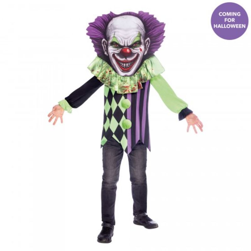 Vibrant scary clown costume with oversized headpiece for kids aged 6-8, perfect for Halloween and parties.