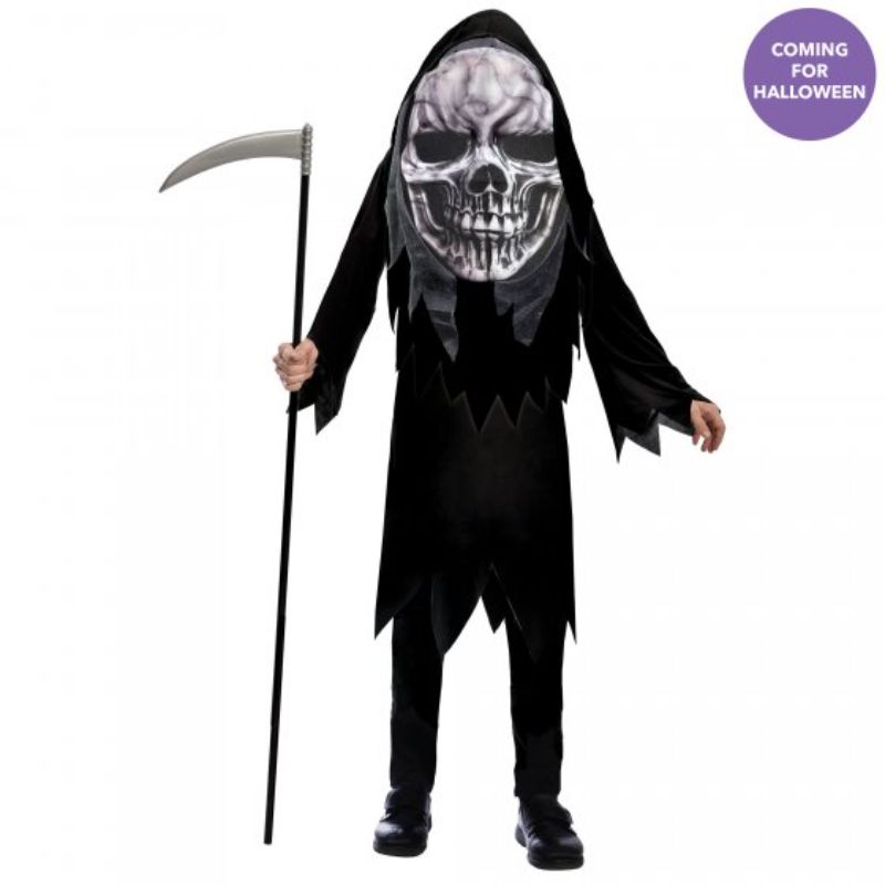 Child wearing a Grim Reaper costume with a big head mask, dark robe, and hood, perfect for Halloween fun.