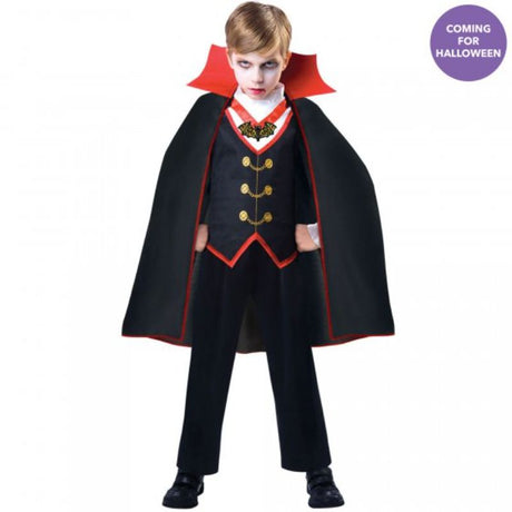 Charming Dracula costume for boys, featuring a stylish shirt and dramatic cape, perfect for Halloween fun.