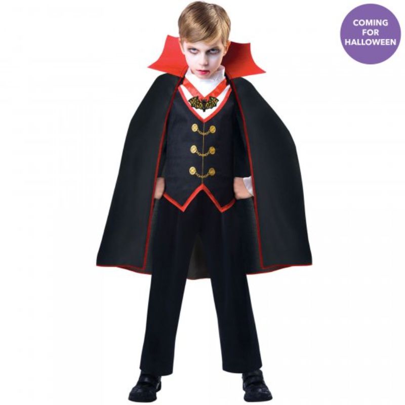 Charming Dracula costume for boys, featuring a stylish shirt and dramatic cape, perfect for Halloween fun.