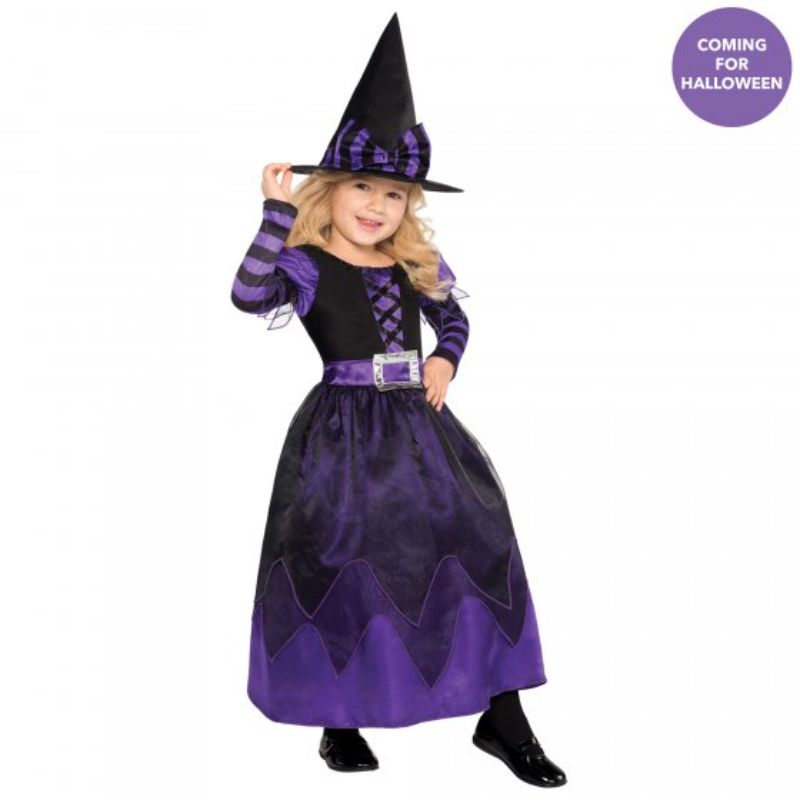 Charming 'Be Witched' costume for girls 3-4, featuring a vibrant dress and whimsical witch hat for magical play.