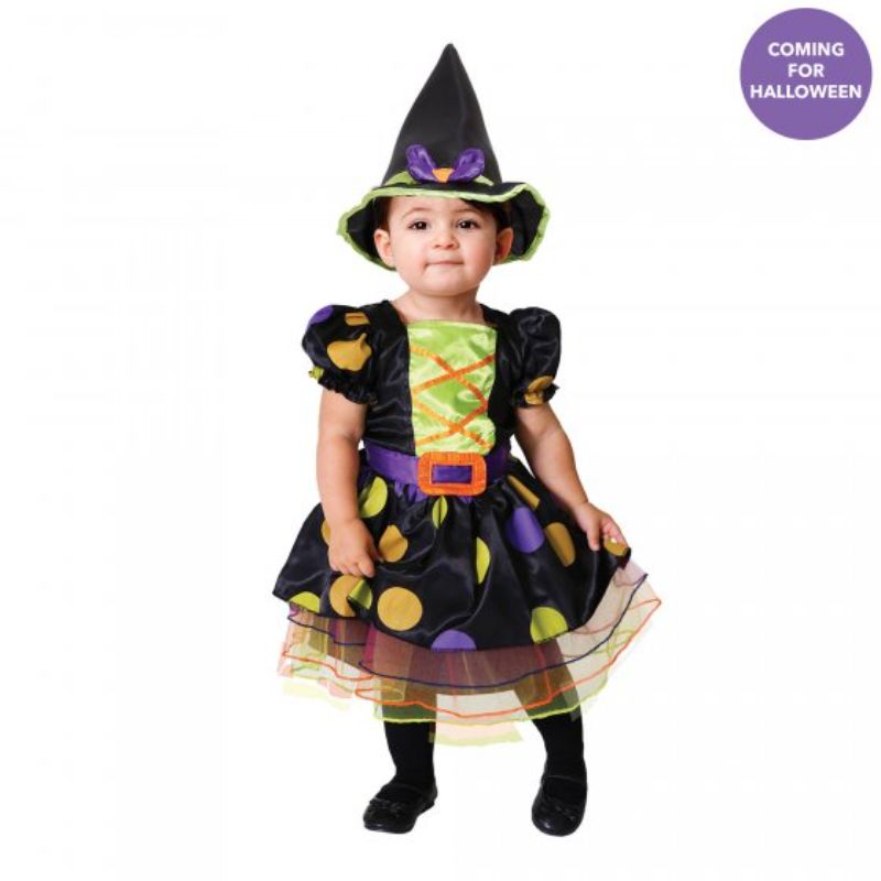 Adorable girls' Halloween costume featuring cauldron designs, complete with a matching hat for babies 3-6 months.