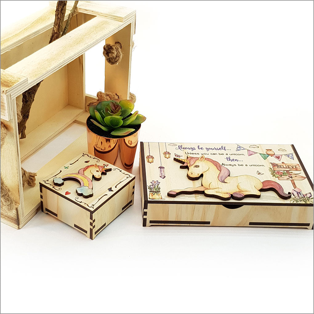 Large Unicorn Trinket Box in vibrant design, made of NZ Pine veneer, perfect for storing jewelry and keepsakes.