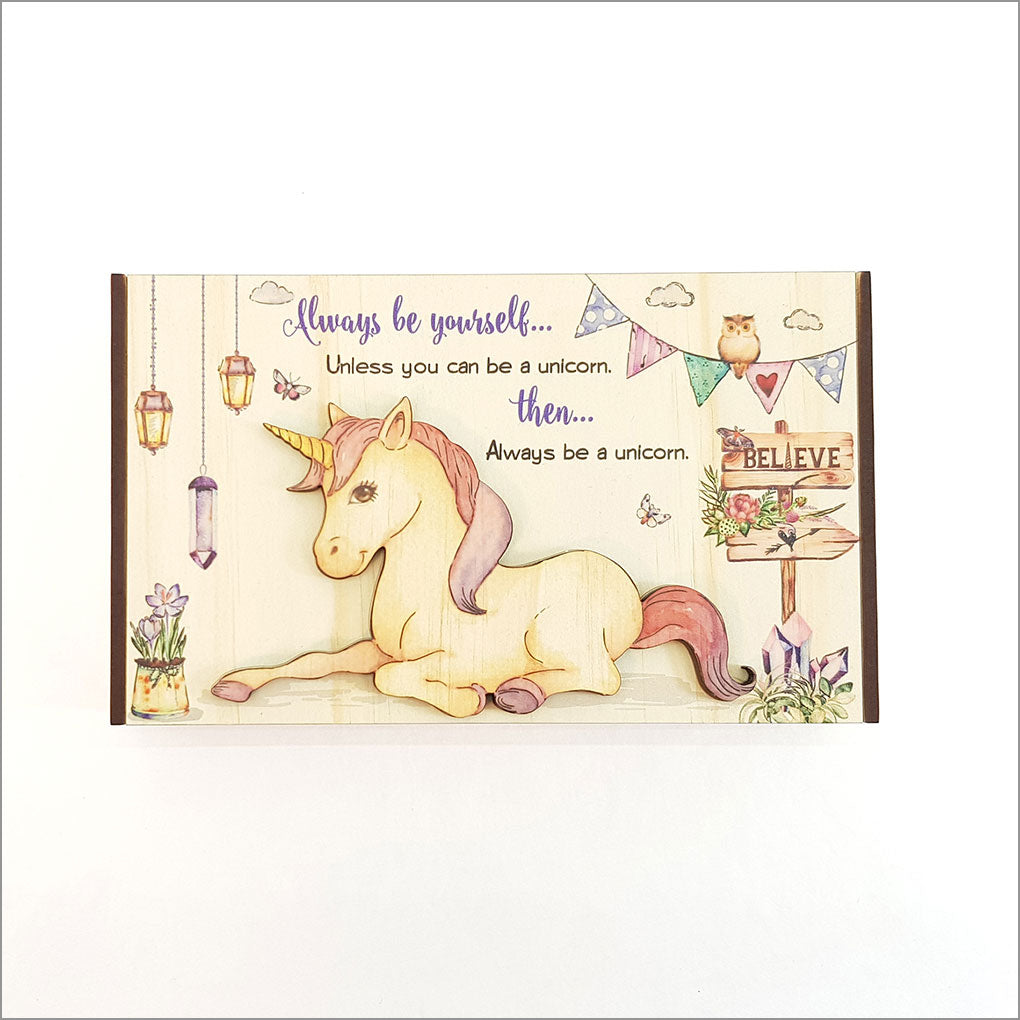 Large Unicorn Trinket Box made of NZ Pine veneer, featuring a vibrant unicorn design for storing jewelry and keepsakes.