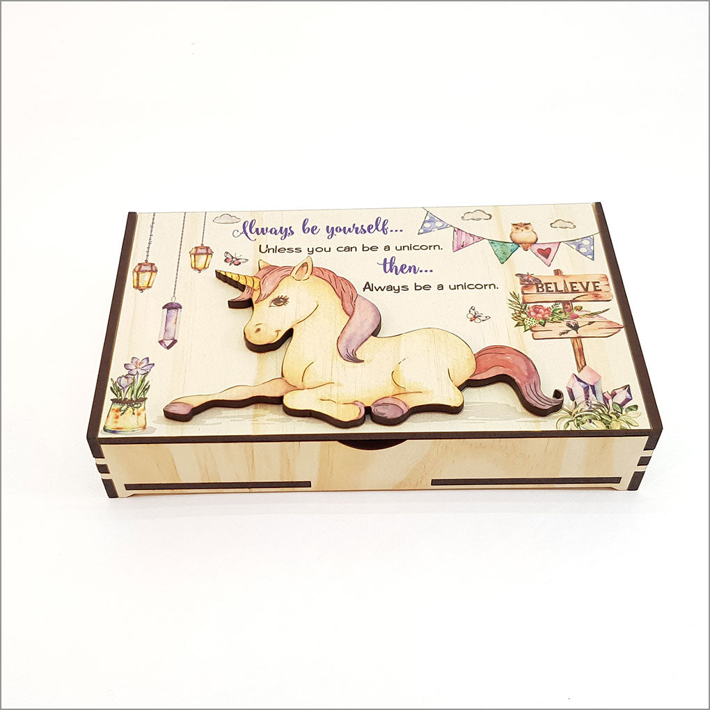 Large Unicorn Trinket Box made of NZ Pine veneer, featuring a vibrant unicorn design for storing jewelry and keepsakes.