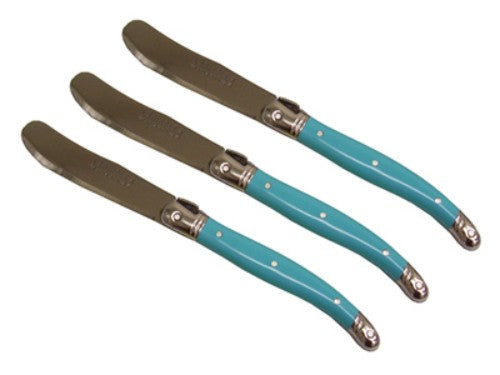 Set of 3 blue Verdier spreaders with stainless steel blades and ergonomic resin handles, featuring the Laguiole Bee emblem.