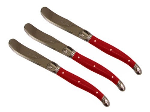 Set of 3 Bright Red Verdier Spreaders with stainless steel blades and Laguiole Bee design, perfect for effortless serving.
