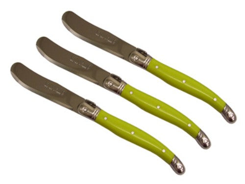 Set of 3 vibrant green Verdier Spreaders with stainless steel blades and colorful resin handles, featuring the Laguiole Bee.