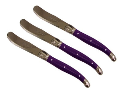 Set of 3 vibrant violet Verdier Spreaders with stainless steel blades and colored resin handles, featuring the iconic Laguiole Bee.