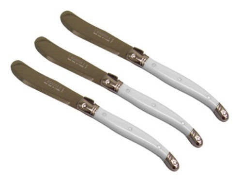 Set of 3 Verdier Spreaders with stainless steel blades and vibrant resin handles, featuring the iconic Laguiole Bee.
