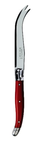 Set of 3 Verdier cheese knives with red resin handles and stainless steel blades, perfect for slicing various cheeses.