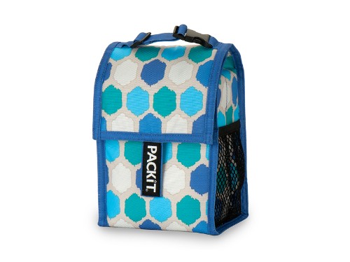 Baby Bottle Cooler in Blue Dot design, keeps two bottles chilled for up to 10 hours, perfect for on-the-go parents.