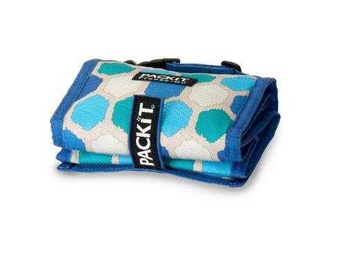 Baby Bottle Cooler in Blue Dot design, holds 2 bottles, keeps contents cool for 10 hours, foldable and freezable.